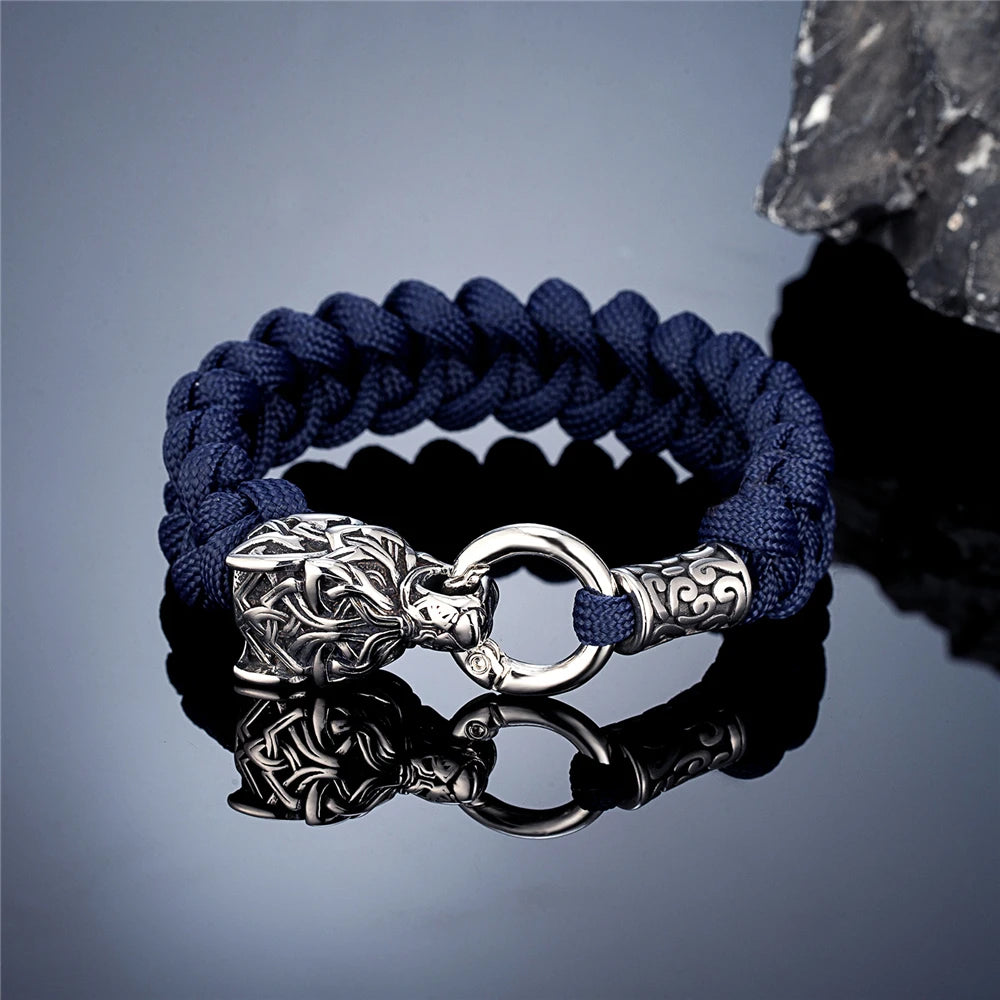 Vintage Norse Runes Celtic Wolf Survival Rope Bracelets Men Handmade Outdoor Stainless Steel Lanyard Wristband Vikings Jewelry Steel Dark Blue