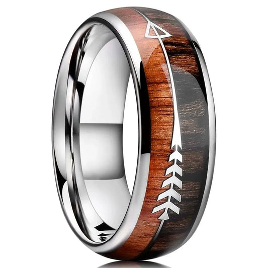 Fashion 8mm Silver Color Stainless Steel Arrow Rings for Men Women Inlaid Hawaiian Koa Wood Rings Men Wedding Band Jewelry Gifts
