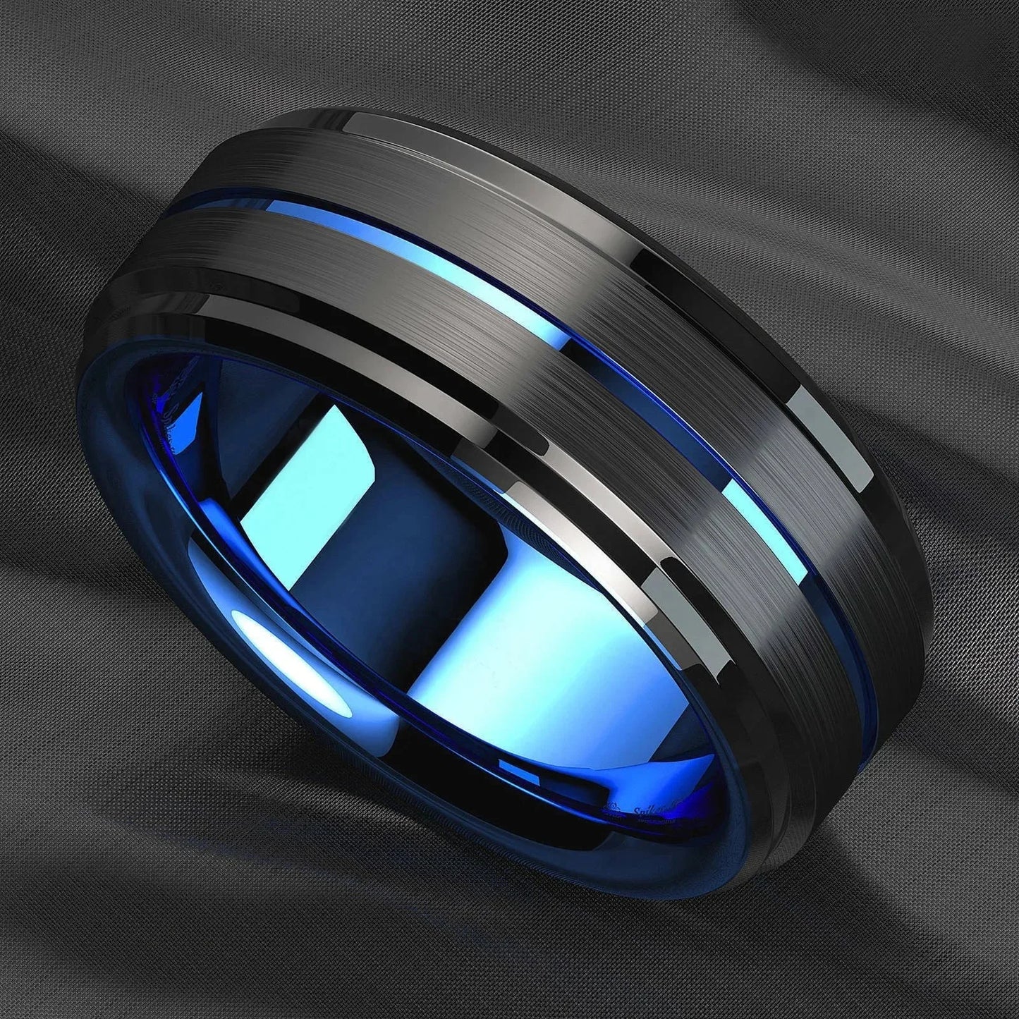 Fashion 8mm Stainless Steel Rings For Men Women Blue Groove Step Edge Black Brushed Engagement Rings Wedding Anniversary Jewelry