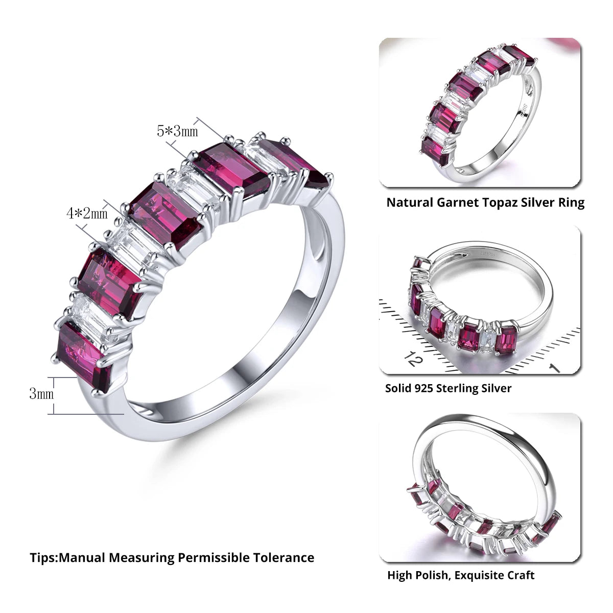 Natural Rhodolite Garnet White Topaz Silver Rings 2.8 Carats Octagon Cut Women Romantic Classic Design S925 Fine Jewelrys