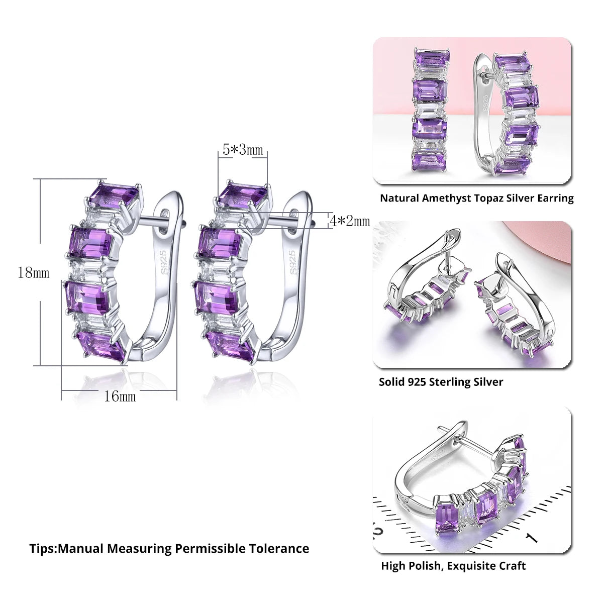 Natural Amethyst White Topaz Sterling Silver Clip Earring 3.5 Carats Classic Jewelry Style Women Birthday Anniversary Gifts