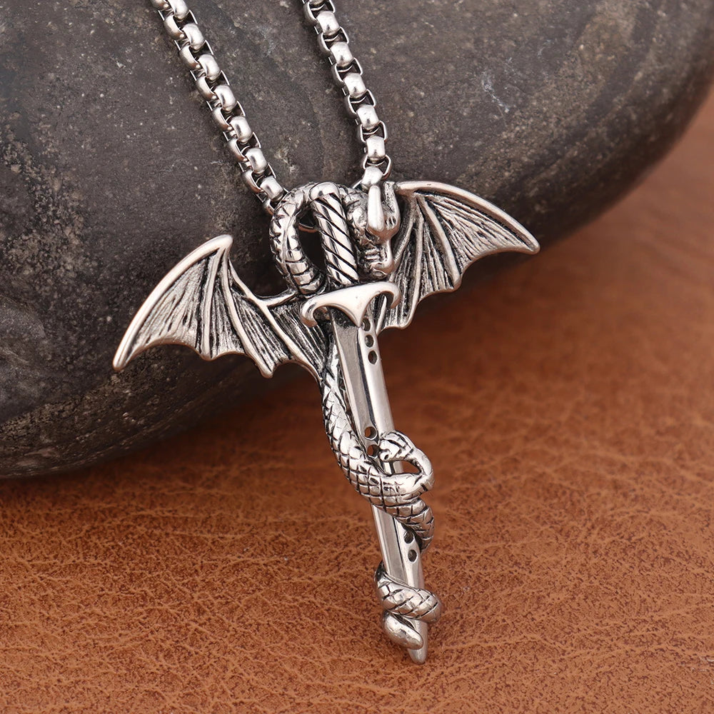 Vintage Stainless Steel Men's Dragon Necklace Fashion Steel Dragon Sword Chinese Pendant for Women Biker Jewelry Gift