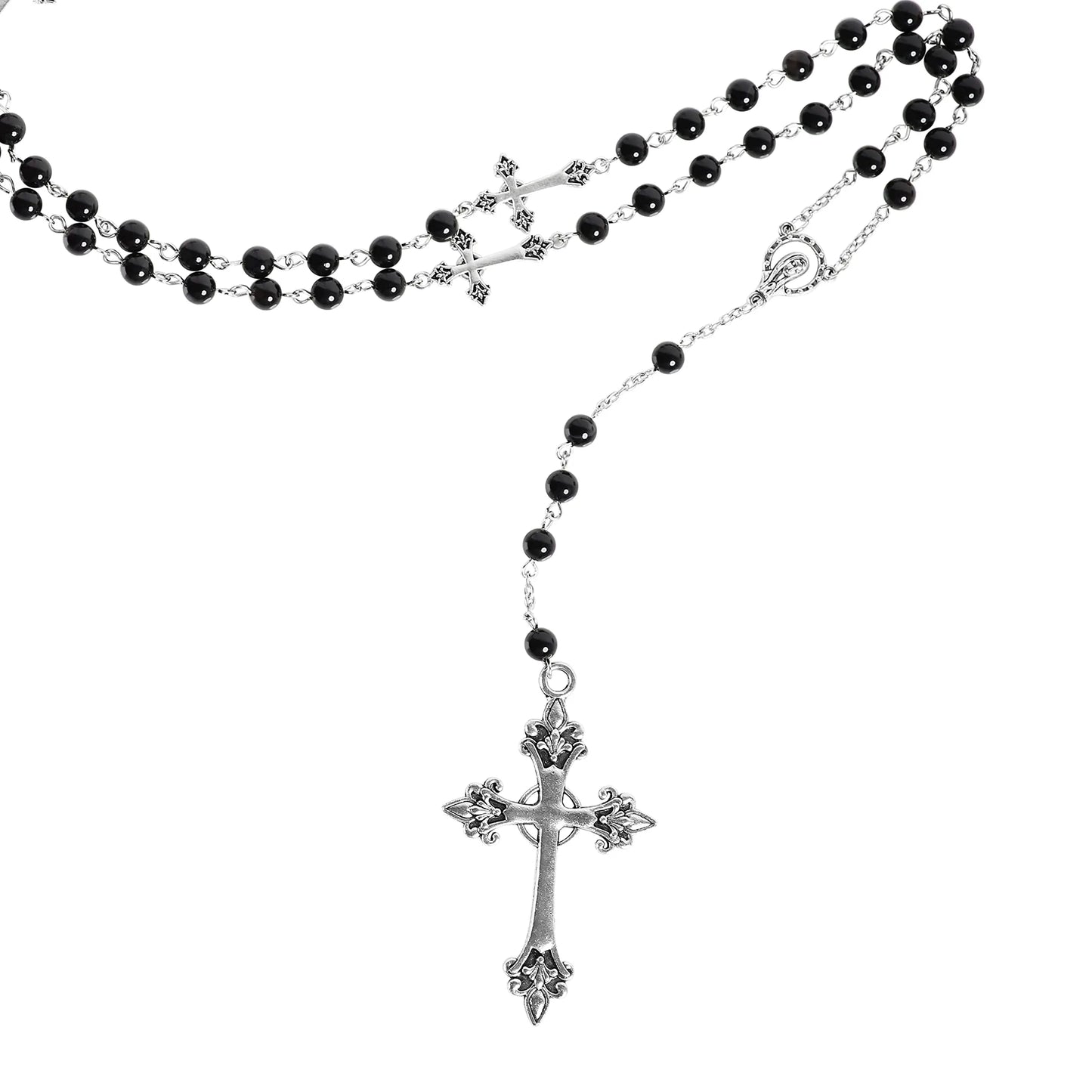 1PC Black Rosary Necklace with Long Cross Pendant Religious Y Necklace for Men And Women Jewelry