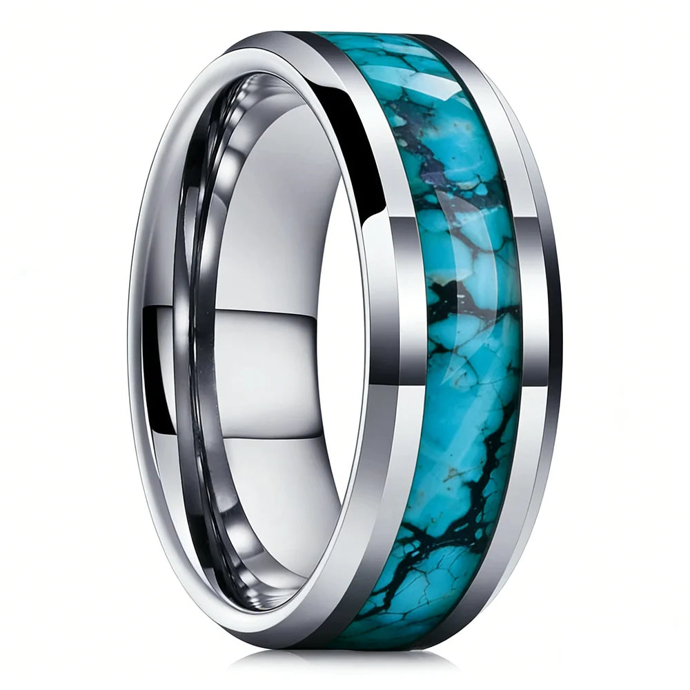 8mm Blue Turquoise Inlay Stainless Steel Ring for Men Vintage Wedding Band Engagement Jewelry Wedding Jewelry Drop Shipping