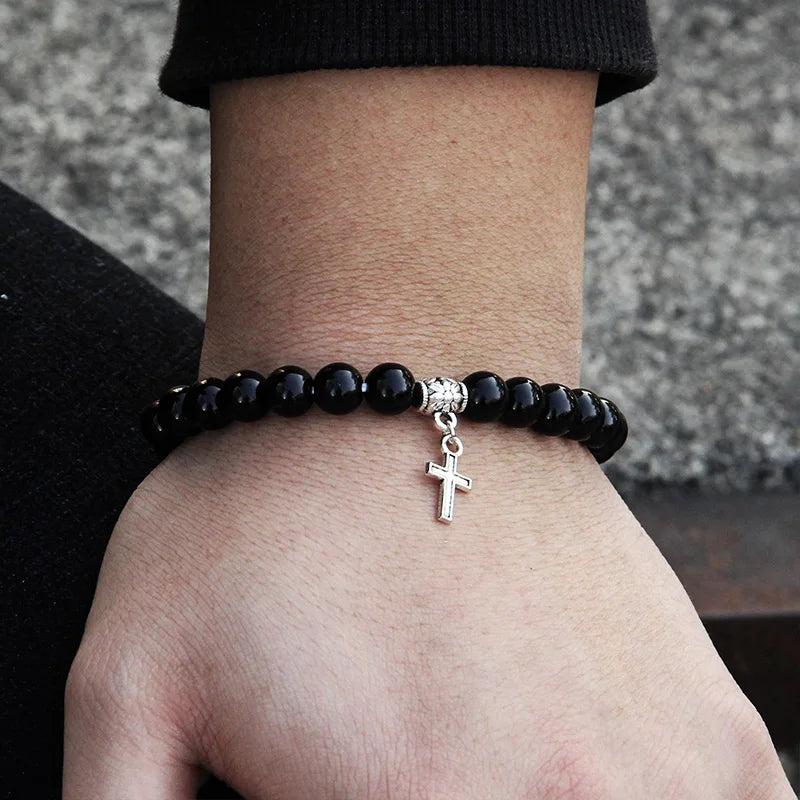 Trendy Men Beads Bracelet Slivers Color Cross Pendant Bracelet Natural Stone Bracelets Charm for Women Healing Prayer Jewelry