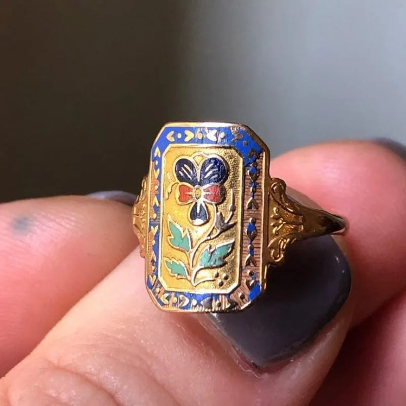 Bohemian Elegant Luxurious Retro Gold Color Artificial Enamel Flower Ring for Gift Giving Vacation Wear Christmas Accessory