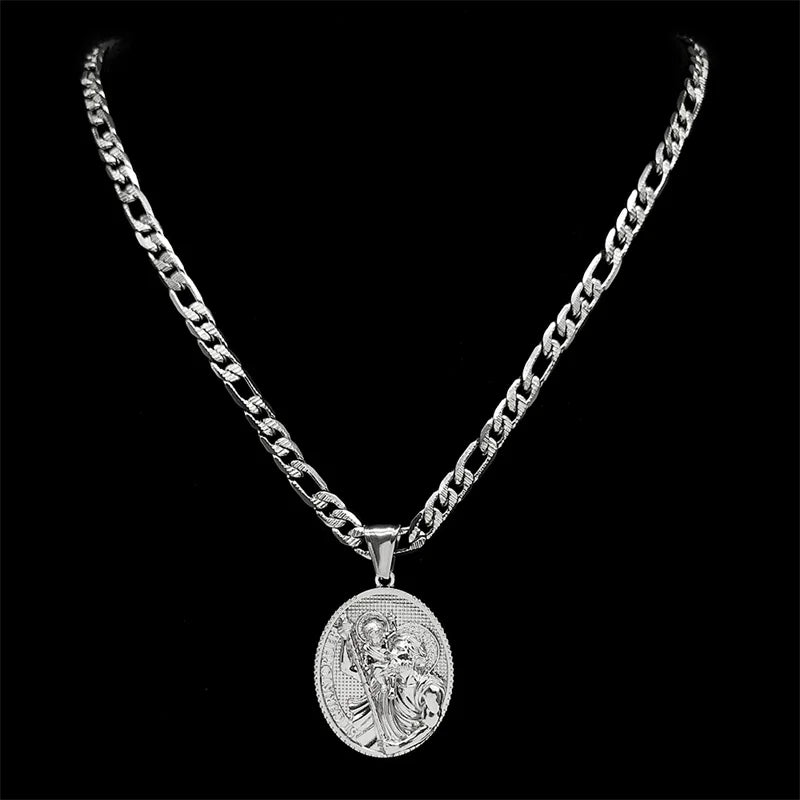 Religious ST.Christopher Protect Us Medal Necklace for Women Men Stainless Steel Silver Color Catholic Saint Chain Jewelry