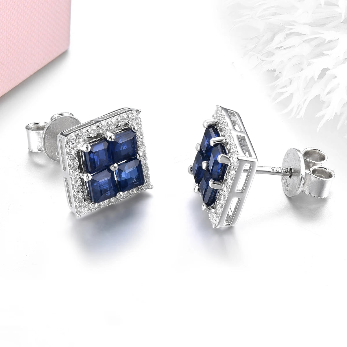 Natural Blue Sapphire Sterling Silver Stud Earring 1.7 Carats Genuine Precious Gemstone S925 Fine Jewelry Rhodium Plated Gifts