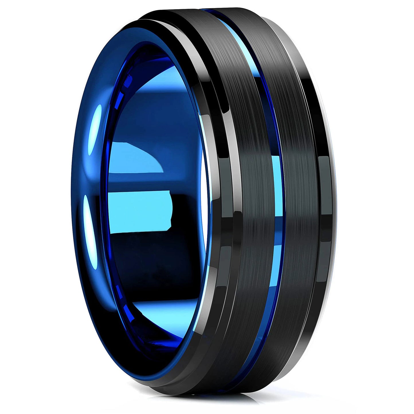 Trendy 8mm Men Frosted Stainless Steel Rings, Gold Color Brushed Groove Beveled Edge Engagement Rings For Men, Wedding Jewelry
