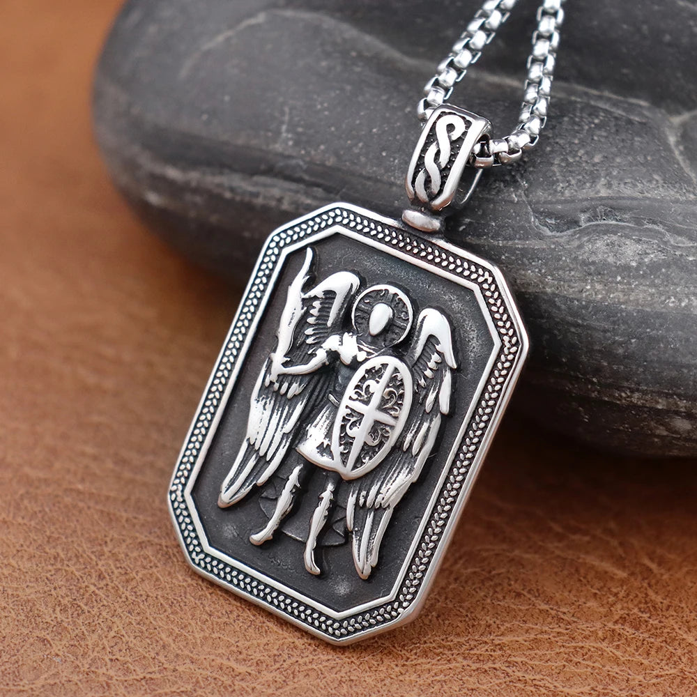 Classic Design Angel Knight Shield Pendant Stainless Steel Vintage Men Ancient Greek God of War Necklace Amulet Creative Jewelry