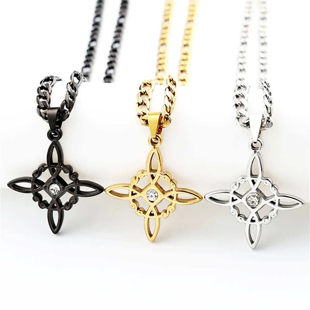 Stainless Steel Witch Knot Pendant Necklace for Women Men Gold Silver Color Rhinestone Wicca Pagan Chain Amulet Lucky Jewelry