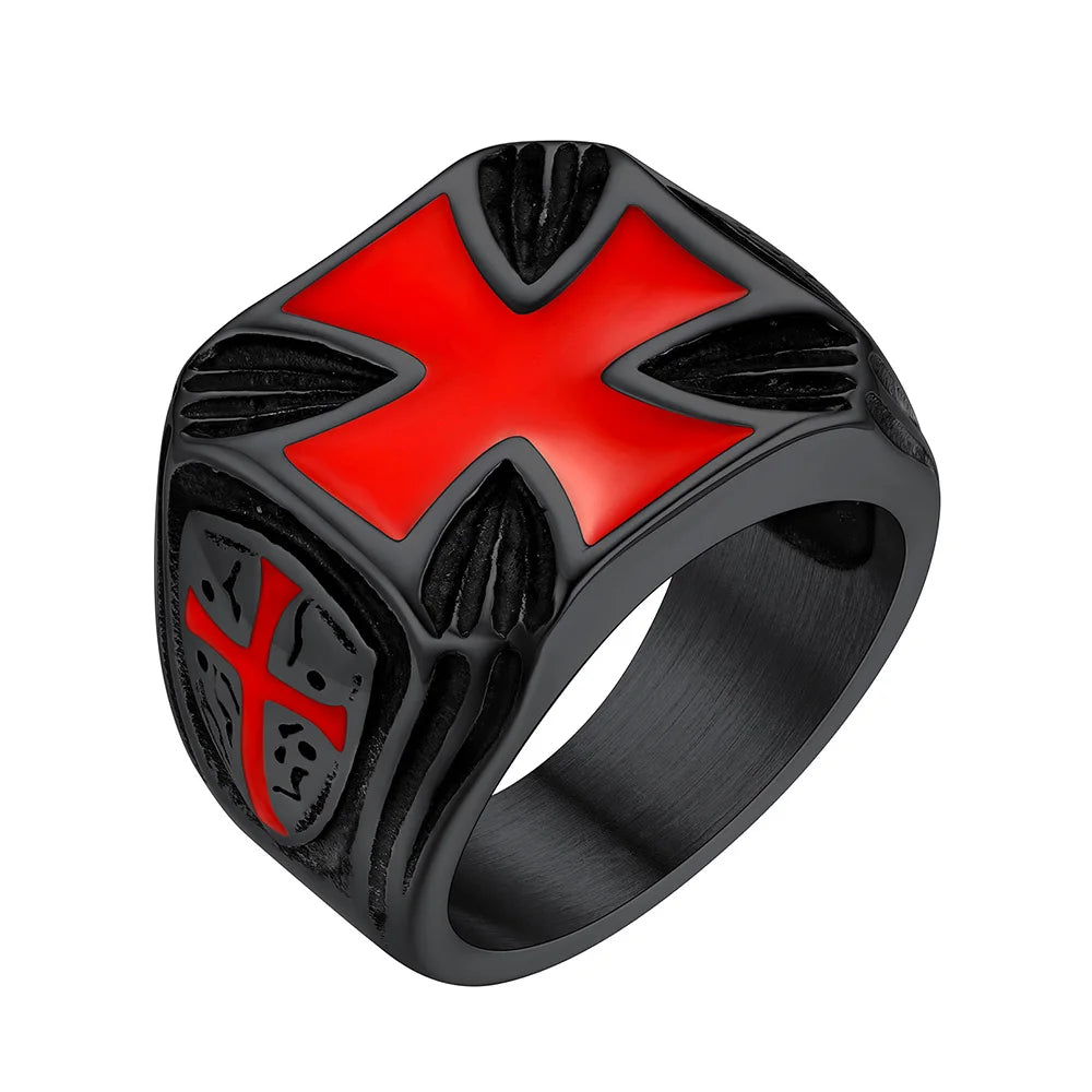 U7 Stainless Steel Square Knight Templar Rings Black Red Glaze Cross The Temple of Solomo Signet Ring Vintage Style Jewelry Gift