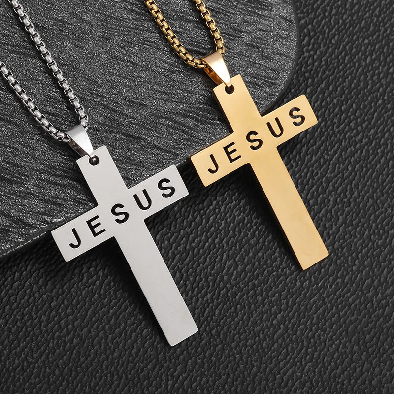 Stainless Steel Cross Letter Pendant Christian Savior Jesus Necklace Men and Women Religious Prayer Amulet Jewelry