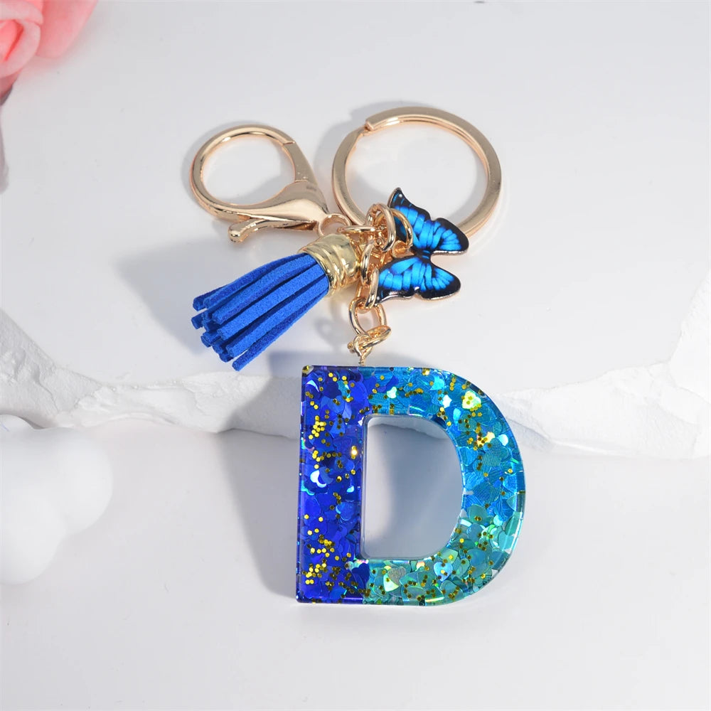 Sea Blue A To Z 26 Letter Keychain Women Wallet Charms 26 Initials Alphabet Butterfly Tassel Pendant With Key Rings Jewelry Gift D 55mm
