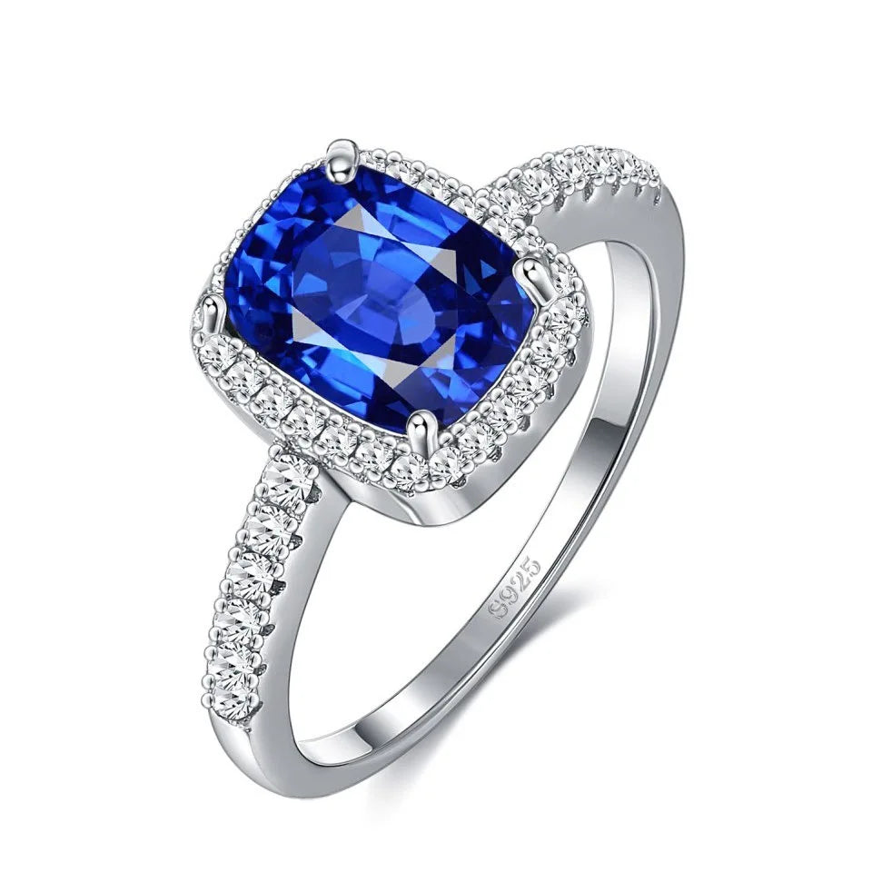 Classic Square Blue Engagement Ring Platinum Plated 925 Silver Jewelry Rhodium Plated Blue