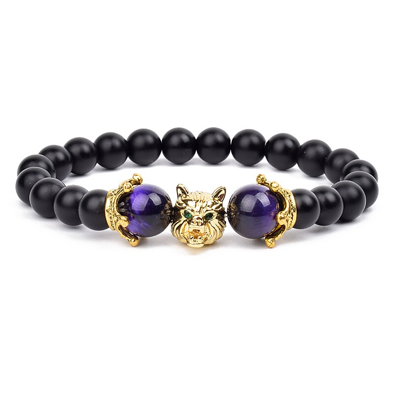 Wolf Charm Bracelets Men Natural Black Agates Onyx Stone Bracelet Brave Blue Tiger Eye Elastic 8 mm Beads Jewelry Beaded Pulsera Purple tiger eye 2