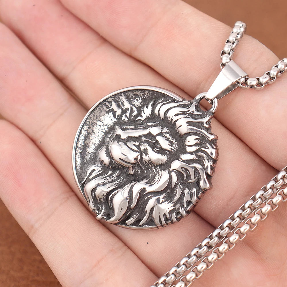Wolf & Lion Pendant Necklace with Norse Runes Vintage Style Viking Tribal Chain for Men, Punk Biker Stainless Steel Jewelry Gift