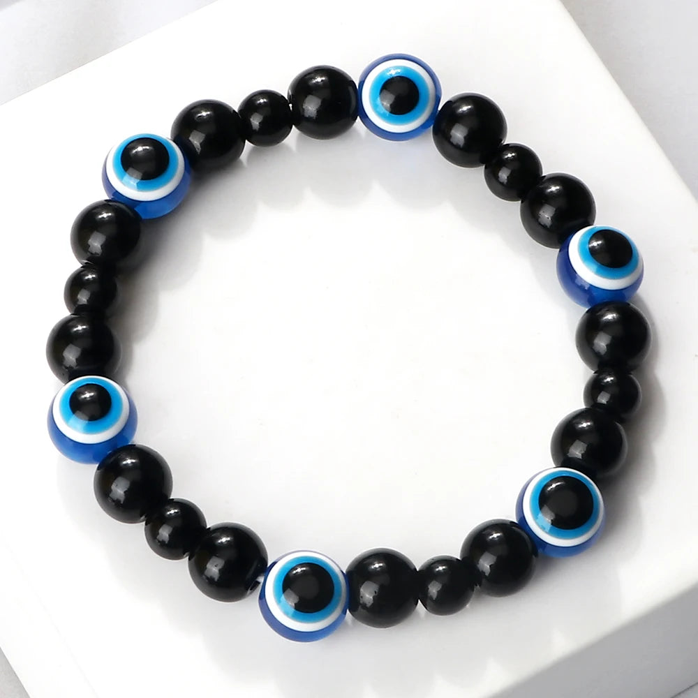 Blue Evil Eye Beaded Bracelets Natural Cat Eye Stone 6 8mm Opal Men Bangles Adjustable Women Bracelet Lucky Yoga Jewelry Gifts