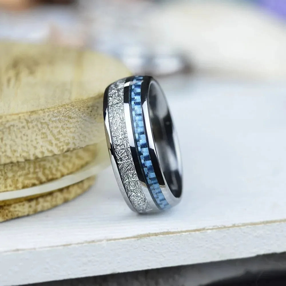 Fashion 8mm Black Color Stainless Steel Rings for Men Double Groove Meteorite Inlay Dome Men Finger Ring Wedding Band Jewelry