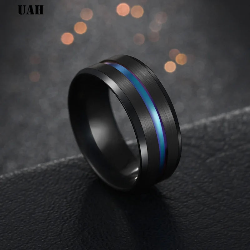 UAH Hot Sale Groove Rings Black Blu Stainless Steel Midi Rings For Men Charm Male Jewelry Dropshipping