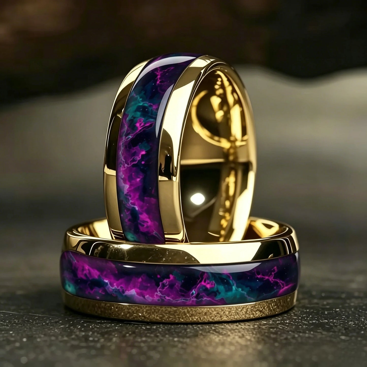 With Purple and Blue Gradient Stone Inlay Rings, 8mm Cosmic Starry Sky Stainless Steel Men Ring, Wedding Band Jewelry Drop Ship