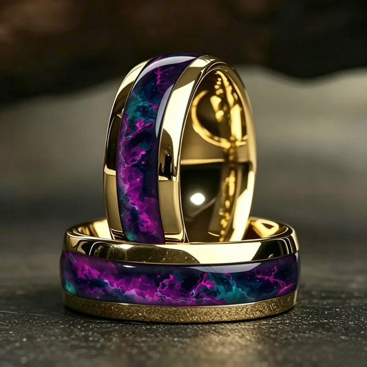 With Purple and Blue Gradient Stone Inlay Rings, 8mm Cosmic Starry Sky Stainless Steel Men Ring, Wedding Band Jewelry Drop Ship