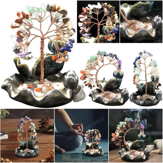 7 Chakra Tree Home Decor Healing Crystal Stone Money Tree Incense Burner Yoga Meditation House Warming Gift for Wealth Good Luck