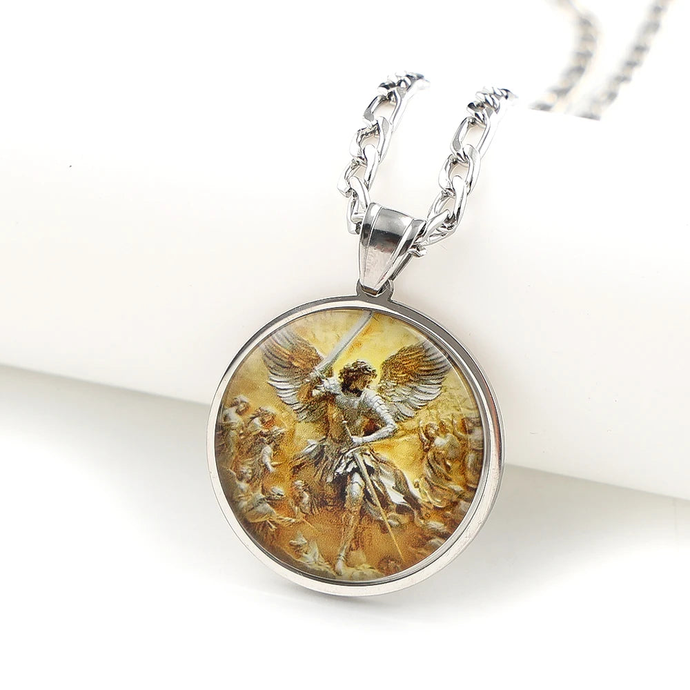 Archangel SAINT MICHAEL PROTECT US Glass Cabochon Medal Pendant Necklace Stainless Steel Gold Plated Christian Amulet Jewelry