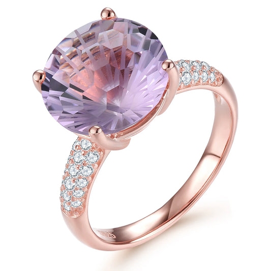 Natural Pink Amethyst Sterling Silver Rose Gold Plated Ring 6.5 Carats Firework Cutting Brilliant Romantic Design Wedding Ring Pink Amethyst