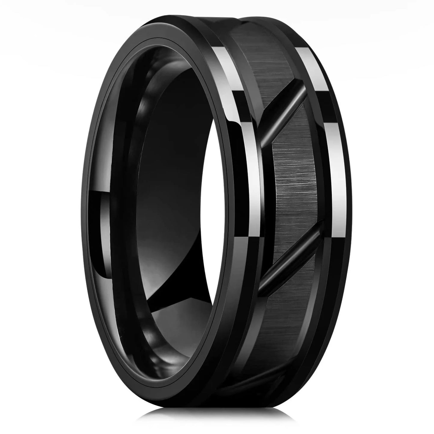 Fashio Men Rings Black Titanium Stainless Steel Rings For Men Women Brick Pattern Finish Beveled Edge Wedding Ring Party Jewelry