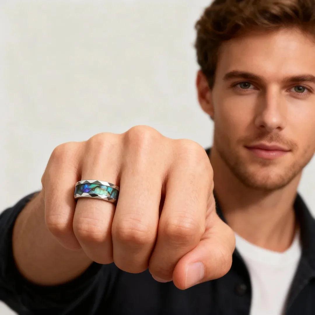 Fashion 8MM Hammered Stainless Steel Rings For Men Women Inlay Colorful Abalone Shell Rings Men Wedding Party Jewelry Gift