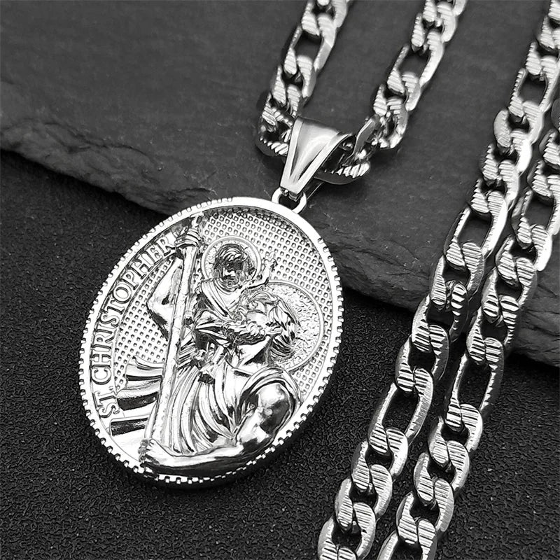 Religious ST.Christopher Protect Us Medal Necklace for Women Men Stainless Steel Silver Color Catholic Saint Chain Jewelry
