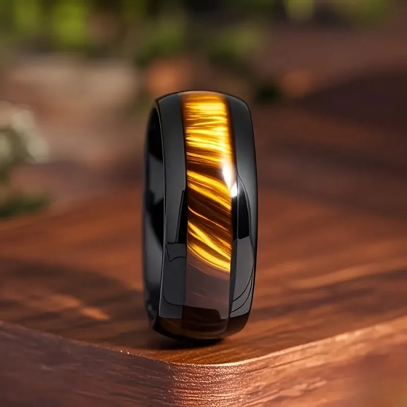 Fashion 8mm Men Stainless Steel Rings Black Color Brushed Brown Abalone Shell Inlay Rings for Men Wedding Band Jewelry Gift
