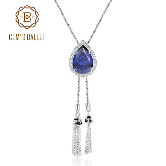GEM'S BALLET Tiger Element Necklace Pear 13x18mm Lab Blue Sapphire Bolo Tassel Necklace in 925 Sterling Silver Gift For Her lab Blue Sapphire 925 Sterling Silver CHINA