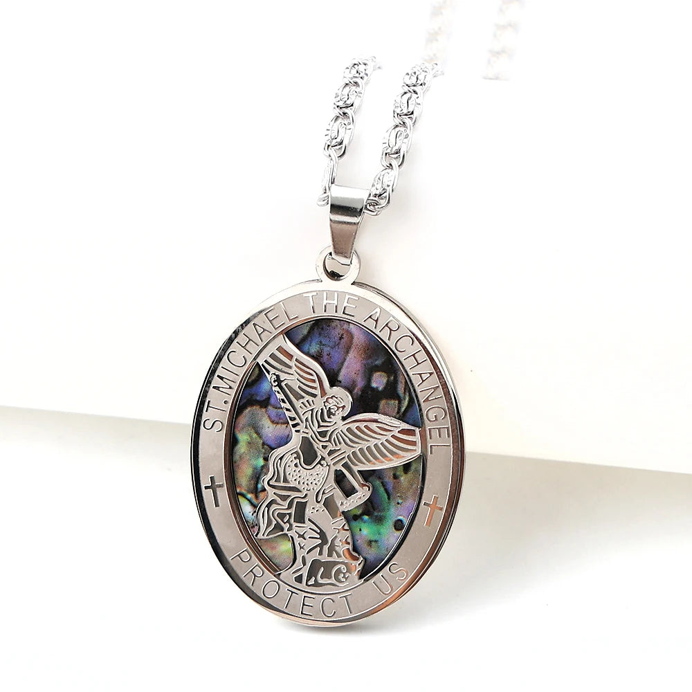 Archangel St.Michael Protect Us Oval Pendant Necklace for Women Men Stainless Steel Christian Saint Michael Chain Jewelry Gift