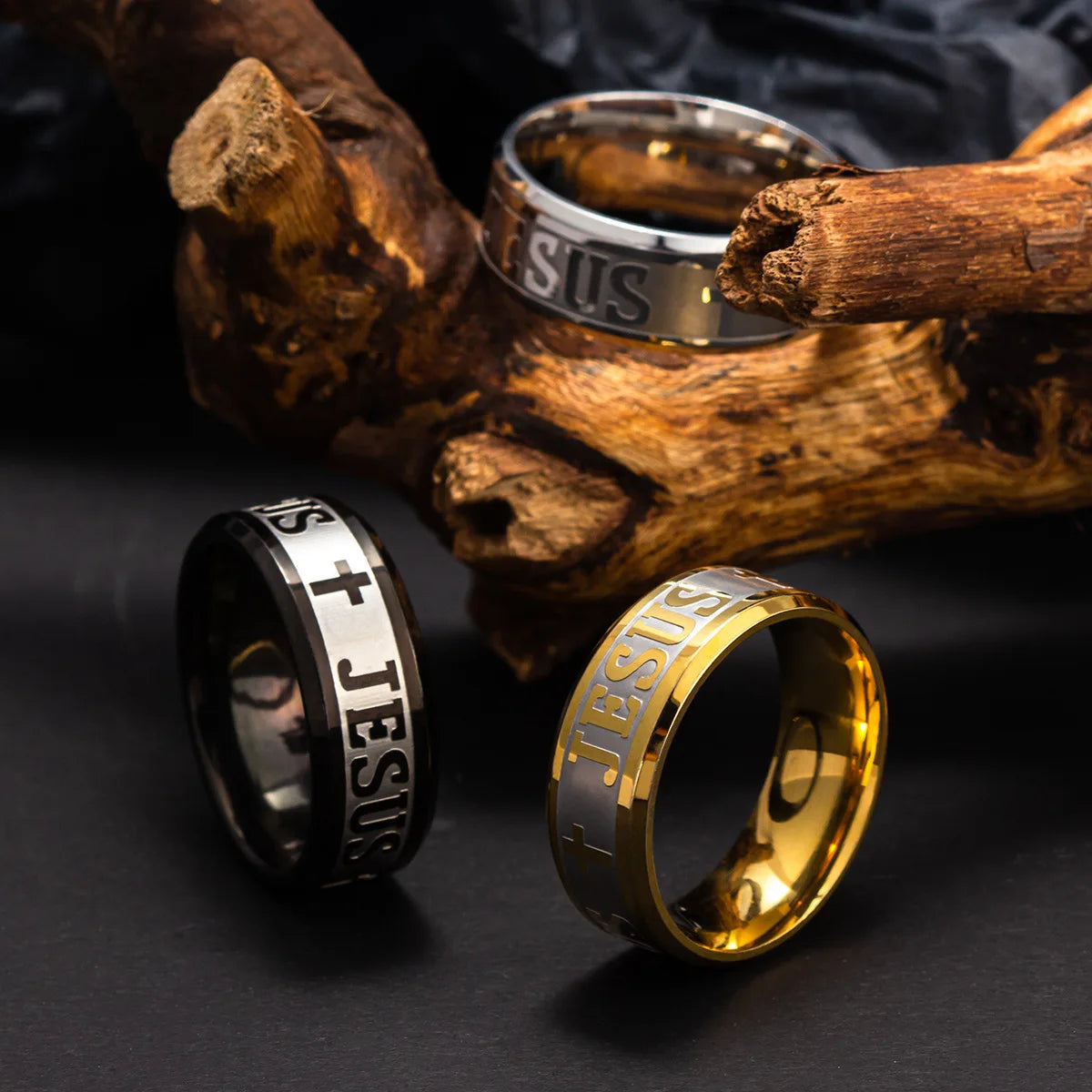 Stainless Steel Black Color Jesus Cross Letter Bible Prayer Finger Rings For Men 8mm Amulet Jewelry