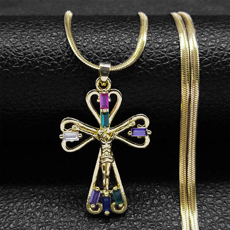 Vintage Shiny Zircon Jesus Cross Religious Amulet Necklace Women Stainless Steel Clavicle Snake Chain Choker Necklaces Jewelry