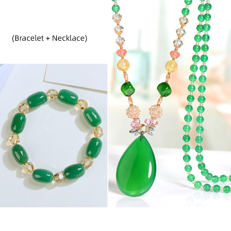 Women's Austrian Crystal Pendant Green Agate Sweater Chain Necklace + Bracelet(Necklace + Bracelet)