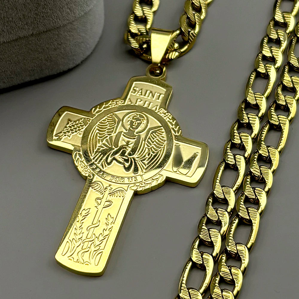 Christian Saint Raphael Pray for Us Cross Pendant Necklace for Women Men Stainless Steel Gold Color Hip Hop Cuban Chain Jewelry