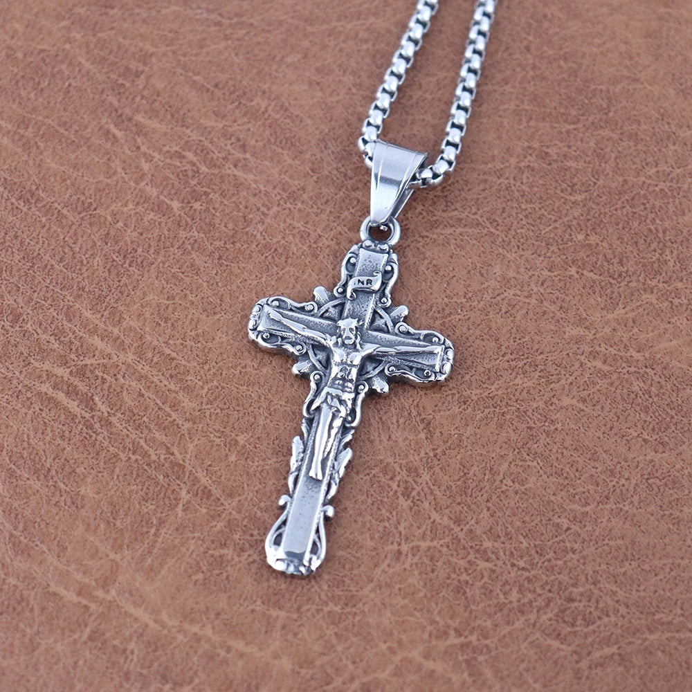 Vintage Stainless Steel Jesus Cross Necklace Men's Classic Religious Believer INRI Cross Pendant Jewelry Creative Gift