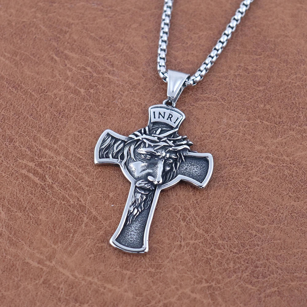 Vintage Stainless Steel Jesus Cross Necklace Men's Classic Religious Believer INRI Cross Pendant Jewelry Creative Gift