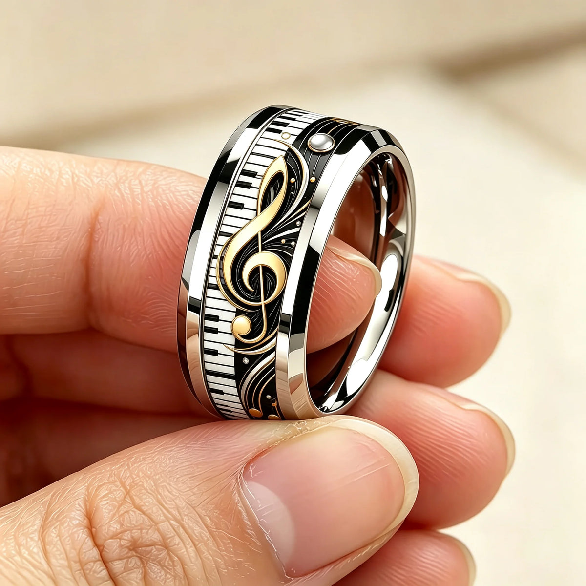 Elegant Piano Keys And Golden Notes Pattern Inlay Ring Fashion Stainless Steel Rings for Men Women Wedding Band Jewelry Gifts