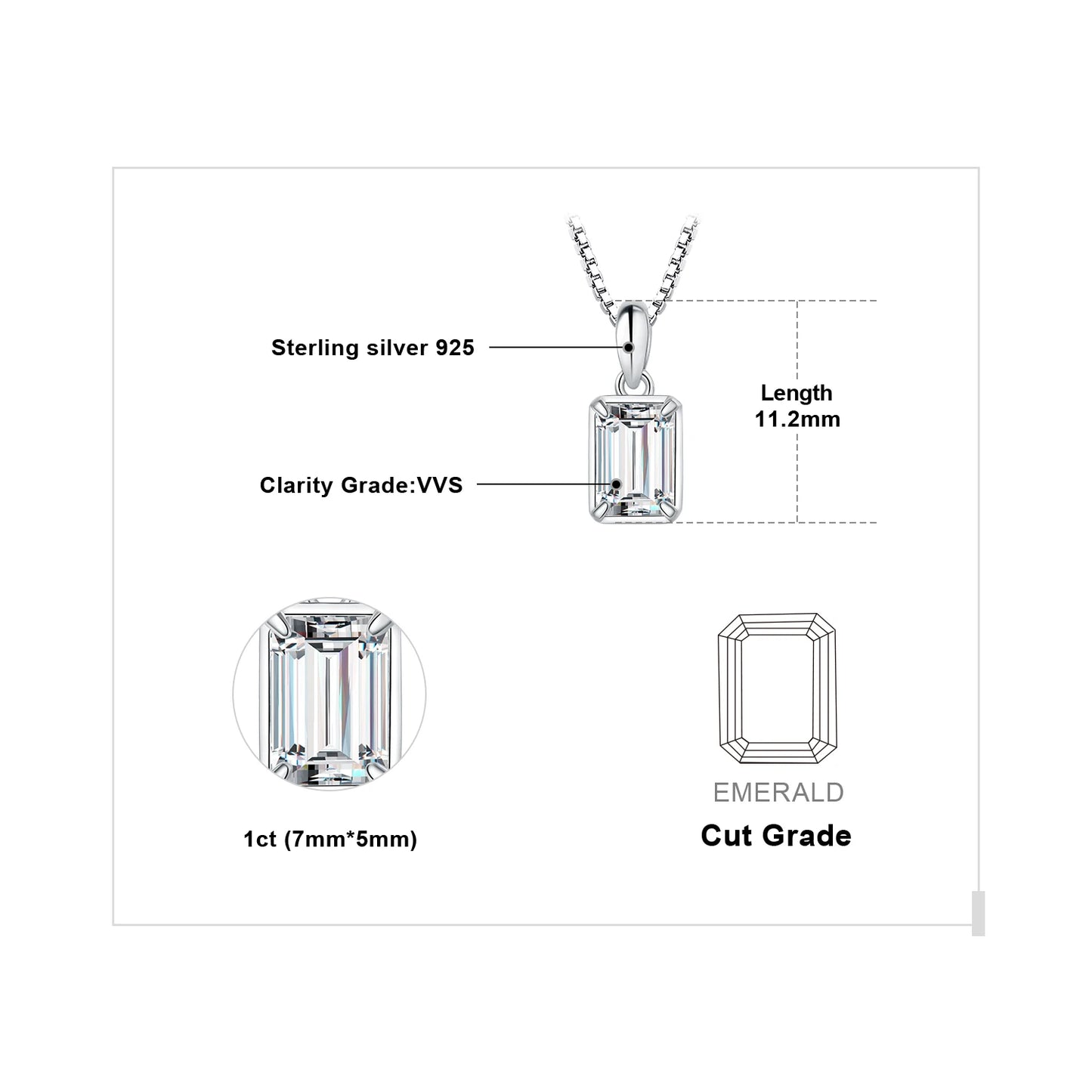 JewelryPalace 5A CZ 1ct Emerald Cut 925 Sterling Silver Pendant Necklace for Woman No Chain Fashion Birthday Gift Fine Jewelry