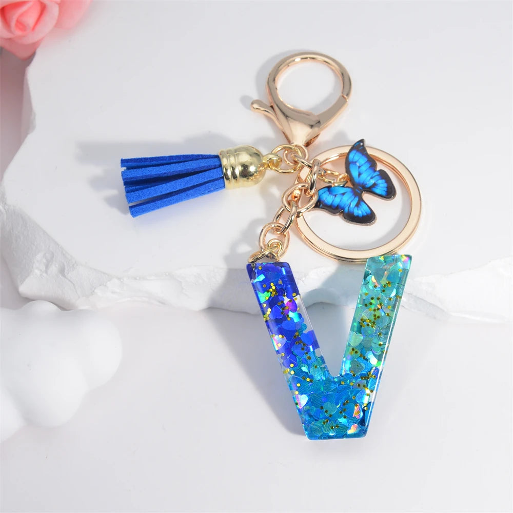 Sea Blue A To Z 26 Letter Keychain Women Wallet Charms 26 Initials Alphabet Butterfly Tassel Pendant With Key Rings Jewelry Gift V 55mm