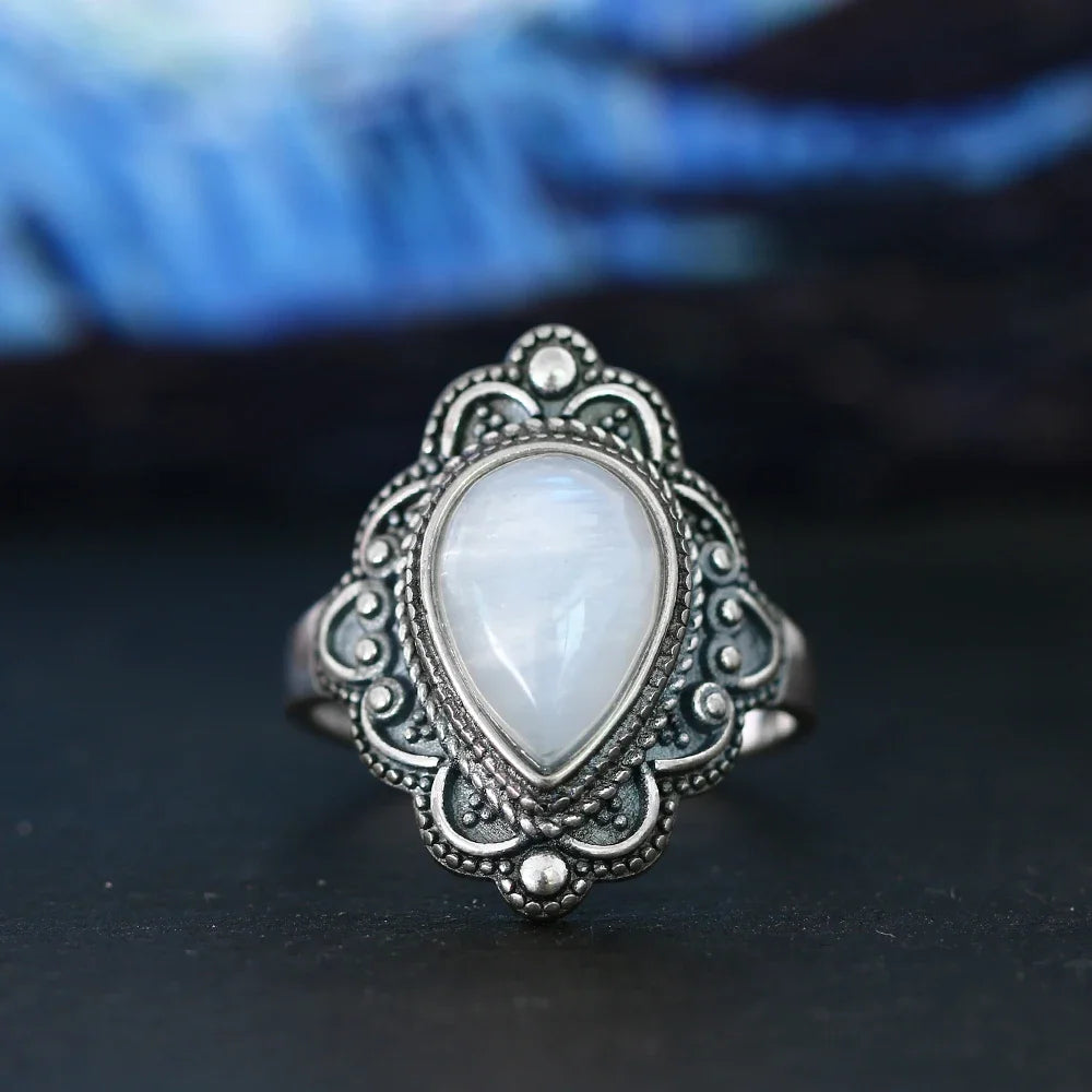 Round Oval Big Natural Moonstones Rings Women's 925 Sterling Silver Rings Gifts Vintage Fine Jewelry R17MS-5