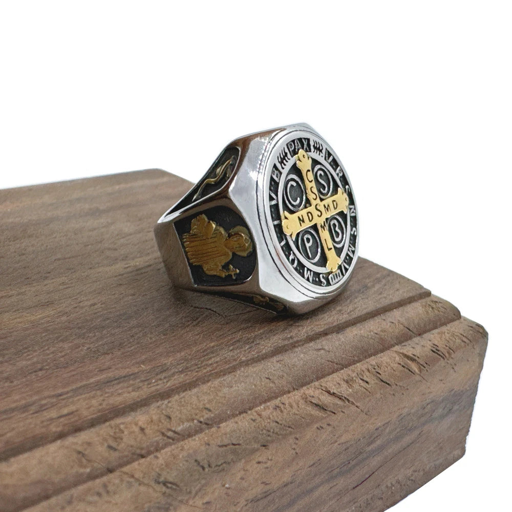 Crux Sancti Patris Benedict Cspb Cross Men Rings 316L Stainless Steel Punk Jewelry Size 7-13