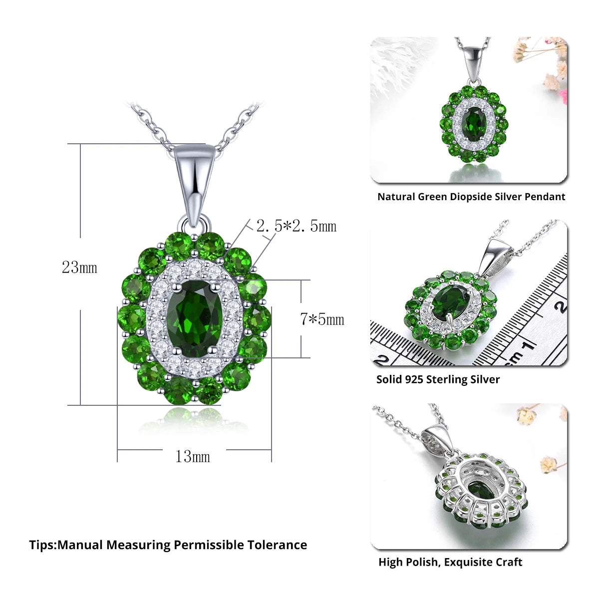 Natural Chrome Diopside Sterling Silver Pendant S925 Fine Jewelry 1.8 Carats Gemstone Classic Romantic Style Women Birthda Gifts