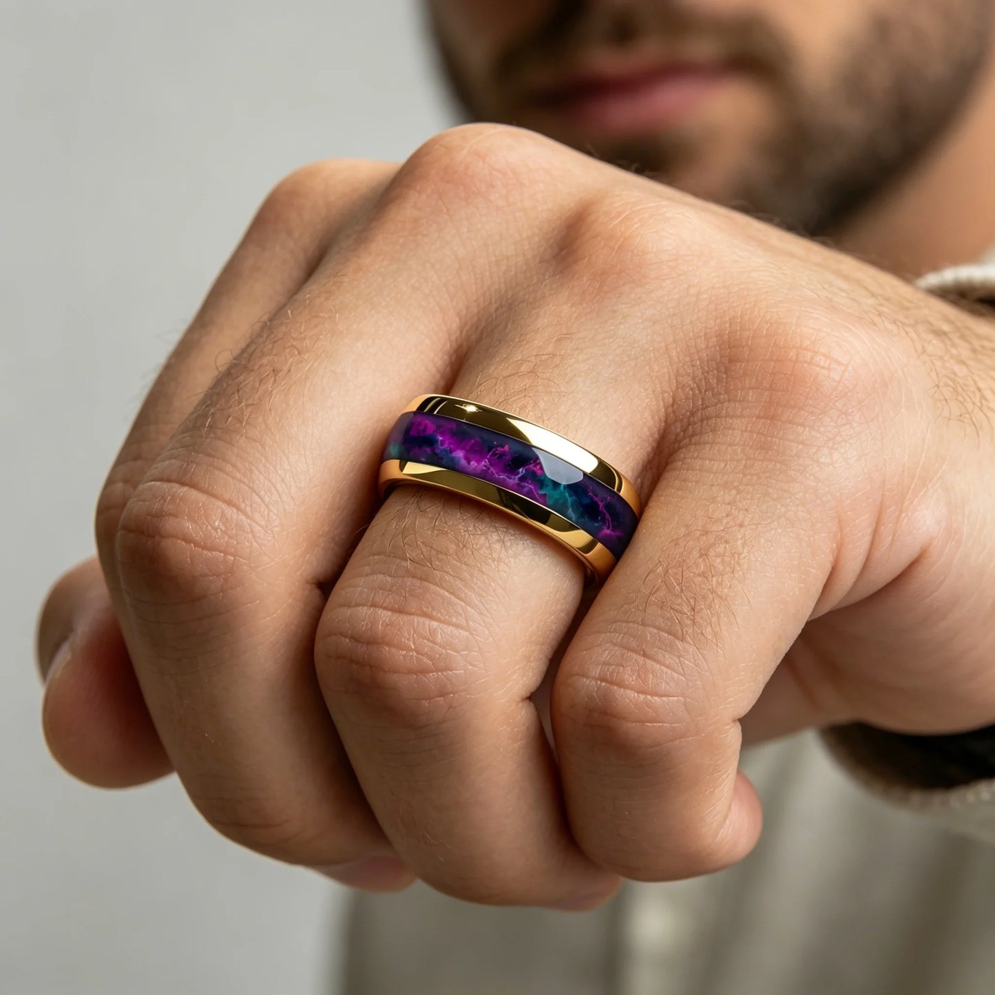 With Purple and Blue Gradient Stone Inlay Rings, 8mm Cosmic Starry Sky Stainless Steel Men Ring, Wedding Band Jewelry Drop Ship
