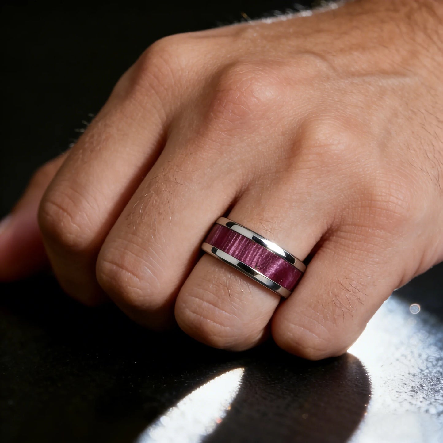 8mm Purple Red Wood Grain Stainless Steel Ring, Cool Promise Wedding Band for Men & Women, Comfort Fit, Wedding Band Jewelry