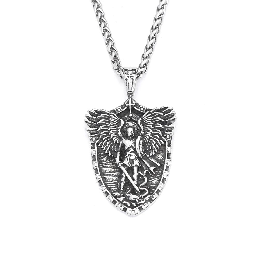 Fashion Vintage Stain Michael With Angel Wings Pandent Necklaces For Men Women Stainless Steel Biker Amulet Jewelry Dropshipping